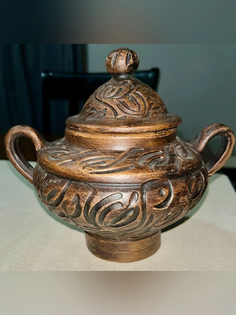 Vintage Hand-Carved Rustic Clay Covered Pot